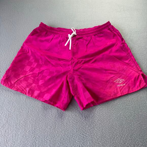 Vintage Umbro Unisex Soccer Shorts 90s Hot Pink Shiny Checkered - Size Large - Picture 1 of 8
